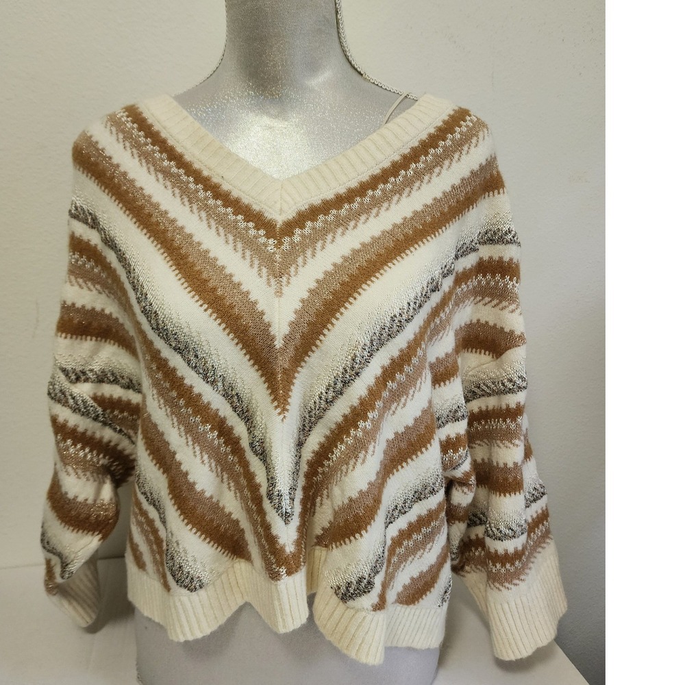 Anthropologie Chevron Stripe Metallic V-Neck Sweater Brown Cream Gold XS/S